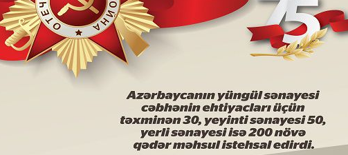 Azərbaycan yüngül sənayesi cəbhənin ehtiyacları üçün təxminən 30,yeyinti sənayesi 50,ye...