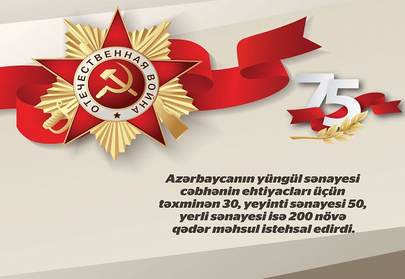 Azərbaycan yüngül sənayesi cəbhənin ehtiyacları üçün təxminən 30,yeyinti sənayesi 50,ye...